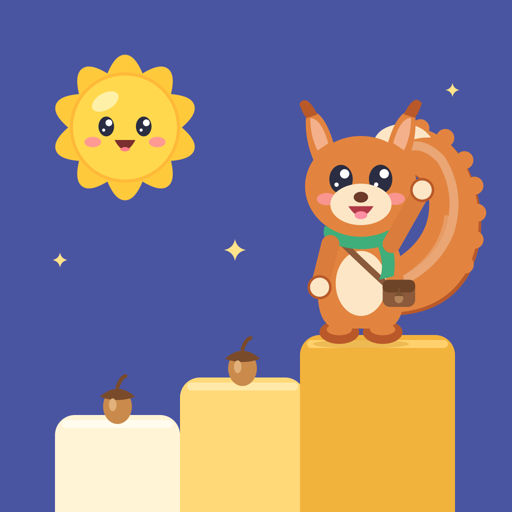 Steady Learners app icon: Tuck the squirrel waving from the top of three rising steps, by a smiling sun