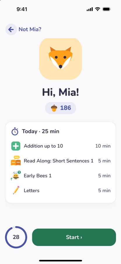 Mia’s routine for today: Addition up to 10, then Read Along, Early Bees and Writing — 25 minutes