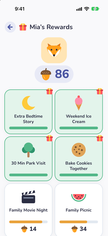 A child’s reward store: rewards bought with acorns earned from lessons